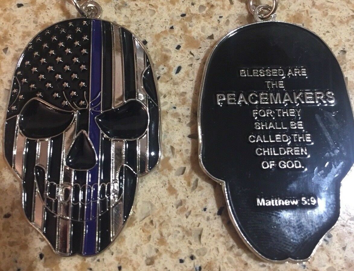 Thin Blue Line Keychain Skull Police Tribute With Prayer Us Seller!